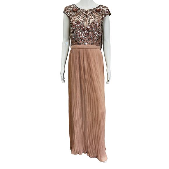 AIDAN MATTOX Pink Sequin Lace Embellished Jewel Neck Pleated Maxi Dress Gown 6 - Picture 1 of 7